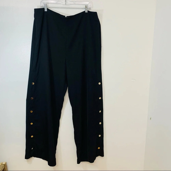 Black Trouser Pants Woman 1X  Wide Leg Snaps to Thigh Moto Boho Business Casual - Picture 1 of 12